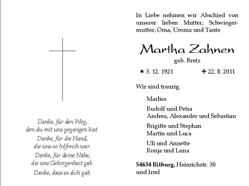 Frau Martha Zahnen