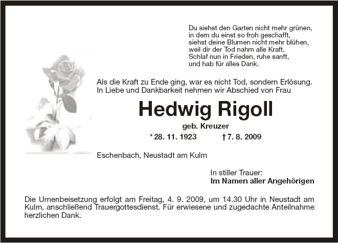 Frau Hedwig Rigoll