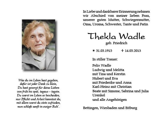 Frau Thekla Wadle