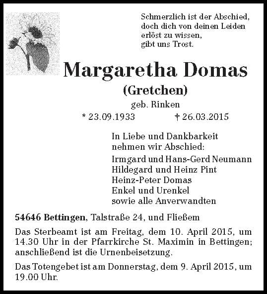 Frau Margaretha (Gretchen) Domas