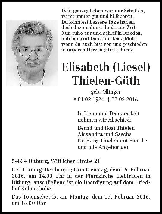 Frau Elisabeth (Liesel) Thielen-Güth