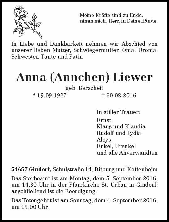 Frau Anna (Annchen) Liewer
