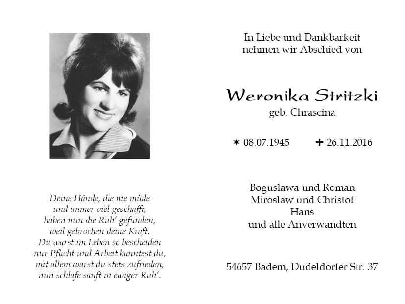 Frau Weronika Stritzki